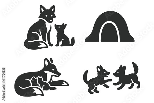 Fox Family Icon Set. Solid filled vector illustrations of fox family scenes including adult fox with kit, fox den entrance, nursing fox with kits, and playful fox cubs on transparent background