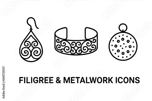Filigree and Metalwork Jewelry Outline Vector Icons Set, Decorative Earring, Openwork Swirl Bracelet, Ornamental Granulation Pendant, Jewelry Making Illustration, Silversmithing Tools Design