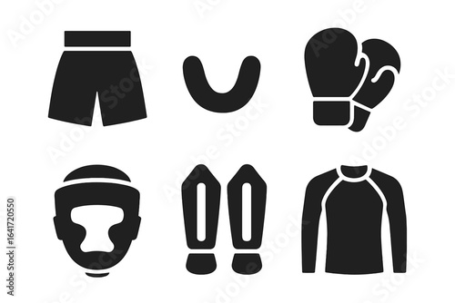 Fight Gear Icons Solid Filled Vector Set of Protective Fight Apparel Including Boxing Shorts, Mouthguard, Gloves, Headgear, Shin Guards, Rash Guard for Combat Sports