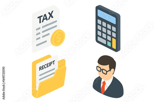 Isometric finance icon set. Tax document, coin, receipt folder, calculator, accountant avatar. Financial management, accounting, bookkeeping, taxation, audit, payroll, tax advisor vector illustration.