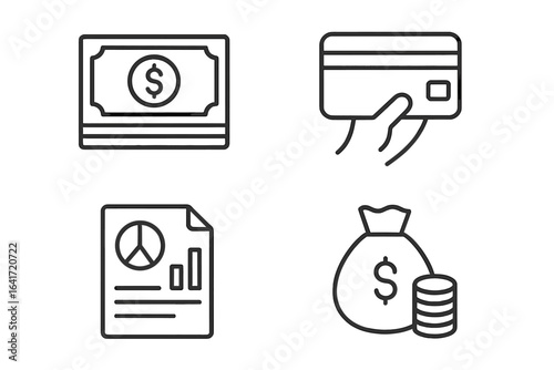 Modern finance and payment icons set. Line style money, credit card, financial report, cash, banking, finance business, web icons. Mobile payment, transaction, coin, savings, investment, wealth.