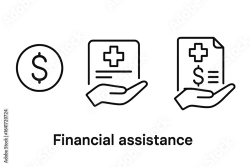 Financial Assistance Icons Outline Set, Dollar Sign, Insurance Card, Hospital Bill, Healthcare Support, Medical Insurance, Money Help, Vector Illustration