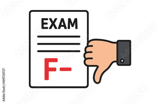 Poor exam result F minus grade mark with thumbs down gesture, bad test score concept, academic failure, negative evaluation, school and education feedback vector illustration on transparent background