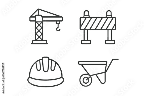 Construction set of 4 safety and building line icons including crane, barrier, hard hat, and wheelbarrow on transparent background, industrial tools, and equipment vector illustration