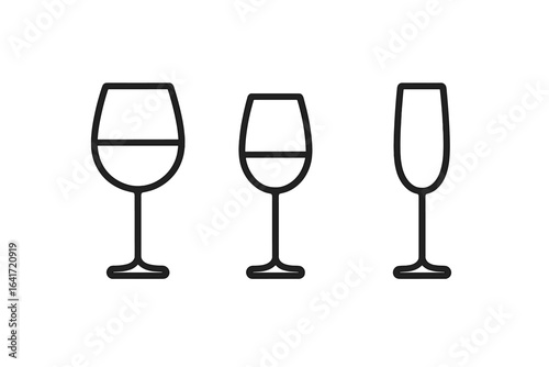 Fine Dining Beverage Icons Set, Outline Vector Illustration of Wine Glasses, Red and White Wine Glasses, Champagne Flute, Elegant Drinkware for Restaurant Menus and Bar Graphics