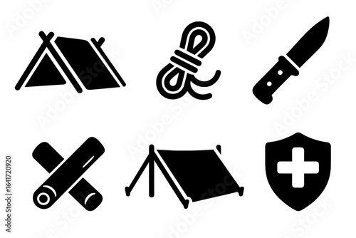 Forest survival solid glyph icon set. Outdoor adventure and camping equipment icons. Includes lean-to shelter, rope, survival knife, firewood, tarp, and emergency shield.