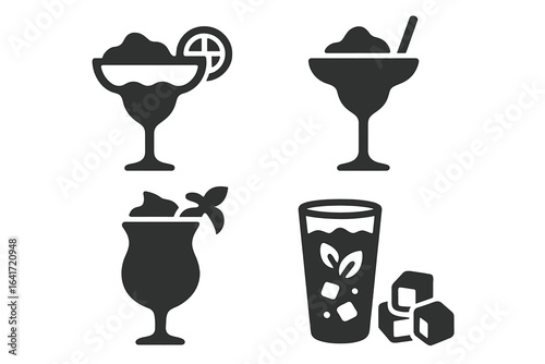 Frozen Cocktail Icons Solid Filled Vector Set of Frozen Margarita Daiquiri Frozen Colada Blended Mojito with Ice Cubes Transparent Background