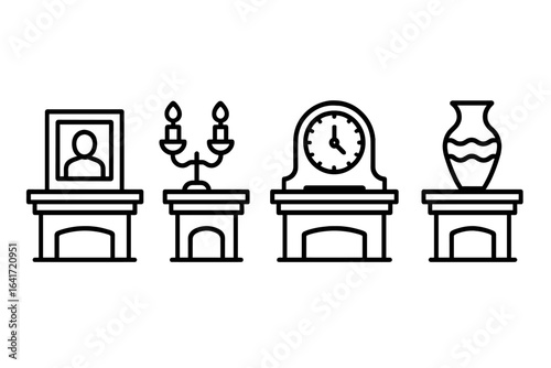Fireplace mantel icons set with outline style, including framed photo, candle holder, antique clock, and decorative elements, vector illustration for home decor and interior design