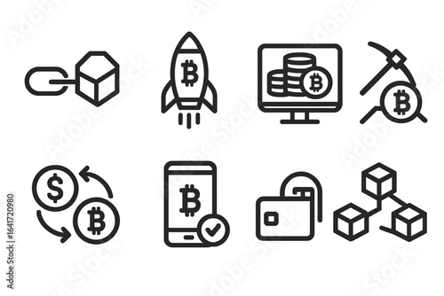 Bitcoin Cryptocurrency Blockchain Technology Icons for Web Mobile Apps. Crypto Mining, Digital Currency Exchange, Wallet Security, ICO, Startup Launch, Fintech Payment Vector Transparent Illustration