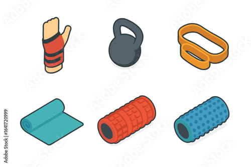 Isometric Fitness Icon Grid Set. Flat Vector Illustration of Workout Gear Including Wrist Wraps, Kettlebell, Resistance Band, Yoga Mat, Two Types of Foam Rollers on Transparent Background