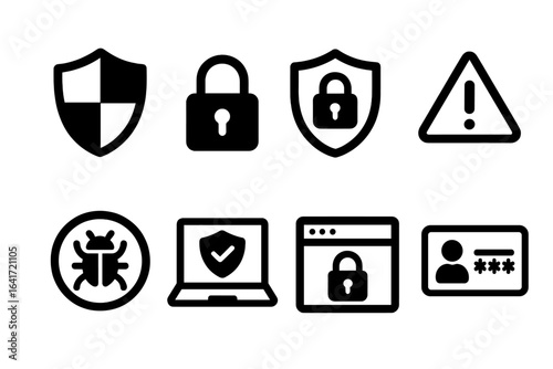 Cybersecurity protection icons set. Internet security shield, padlock, alert, malware bug, computer privacy, login password. Digital data safety symbols for web and mobile apps, vector illustration.