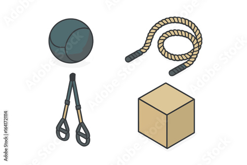 Isometric Functional Training Equipment Icons Set, Vector Illustration of Medicine Ball, Battle Rope, TRX Suspension Straps, Plyometric Box, Fitness and Gym Gear Design on Transparent Background