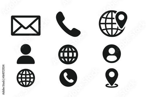 Modern business card contact information icons set. Communication symbols: phone, email, user profile, web, location pin, globe. Black silhouette style. Professional vector illustration collection.