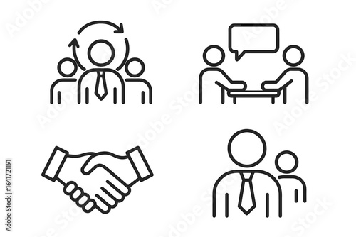 Business teamwork and management icons set. Line style vector of leadership, handshake, business meeting, partnership, agreement, communication, networking, and collaboration for web and mobile apps.