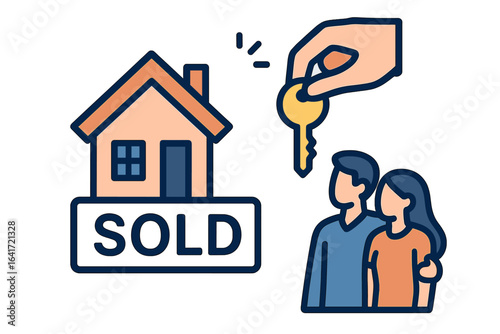 Real estate transaction sold house key handover new homeowners couple purchase property family moving home sale ownership vector illustration concept isolated transparent background