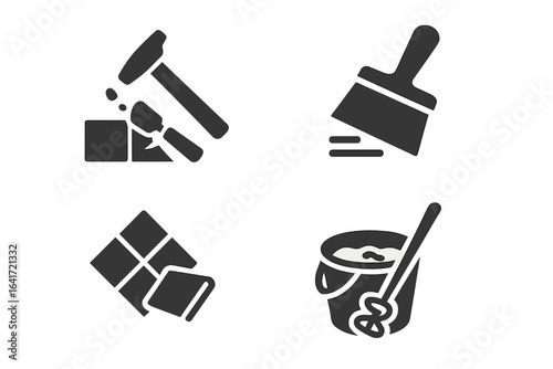 Floor Renovation Tools and Process Icons, Solid Filled Vector Set Featuring Tile Removal Hammer, Adhesive Scraper, New Tile Installation, Grout Float, Mixing Bucket for Flooring Work