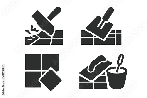 Floor Renovation Icon Set, Solid Filled Vector Graphics of Tile Removal, Adhesive Scraping, New Tile Installation, Grout Floating, and Mixing Tools Illustration on Transparent Background