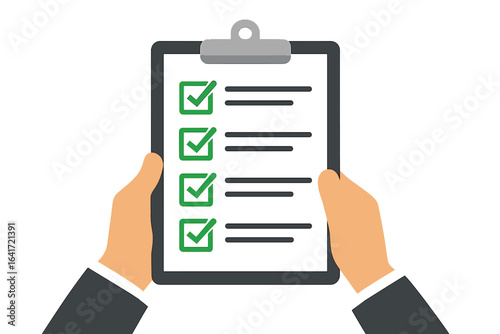 Businessman Hands Holding Clipboard with Checklist, Green Check Boxes, Vector Illustration of Completed Tasks and To-Do List for Business and Office Workflow