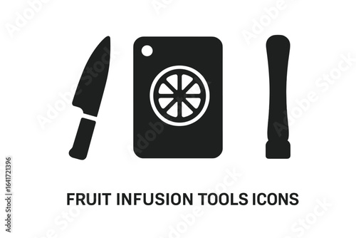 Fruit infusion preparation tools solid icon set. Vector glyph collection with knife, chopping board, citrus slice, muddler for healthy water, lemonade, cocktails.