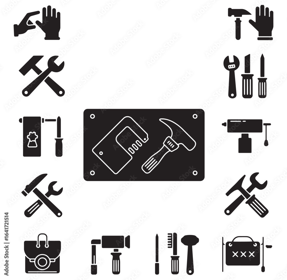 Obraz premium Black and white icons representing various tools used in construction repair and maintenance services