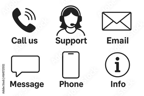 Customer service communication icons set. Phone call, support headset, email envelope, chat message, smartphone, info symbol. Black vector illustration isolated. Contact us, help, assistance concept.