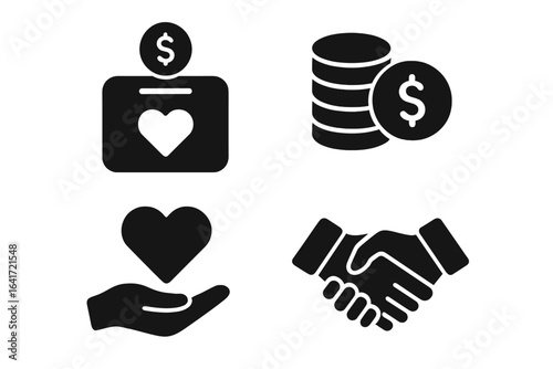 Fundraising and Charity Solid Icon Set. Donation Box, Coin Stack, Charity Heart, Handshake. Money, Finance, Nonprofit, Volunteer, Solid Black Vector Illustration for Fundraising Concepts