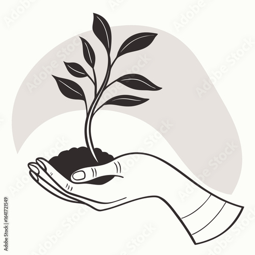 Nurturing Growth: An artistic illustration of a nurturing hand cradling a tender plant, symbolizing care, sustainability, and environmental responsibility.