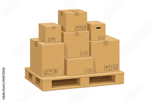 Cardboard boxes stacked on wooden pallet, warehouse logistics, shipping, packaging, delivery storage, carton boxes variety, cargo handling, industrial distribution, front view vector illustration