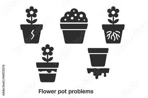 Flower Pot Problems Solid Filled Icons Set Cracked Rim Moldy Soil Root Bound Faded Paint Algae Buildup Vector Illustration Transparent Background