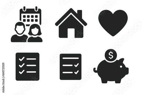Relationship and Family Future Planning Icon Set. Solid Filled Couple Schedule, Home Ownership, Love Heart, Checklist, Money Savings, Piggy Bank. Vector Symbols for Life Goals, Trust, and Happiness