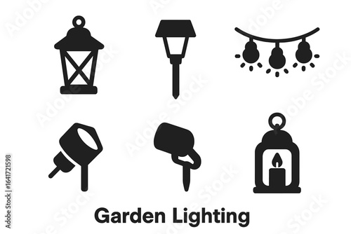 Garden Lighting Icons Set, Solid Black Vector Symbols of Lantern, Solar Light, String Lights, Spotlights, Candle Holder, Outdoor Decorative Illumination Elements
