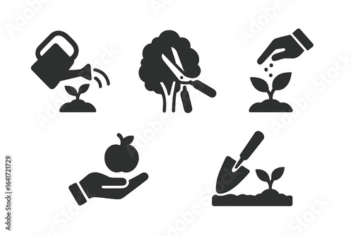 Garden Tasks Icon Set, Solid Filled Vector Illustrations of Essential Garden Maintenance Activities Including Watering, Trimming, Fertilizing, Harvesting, and Planting on Transparent Background