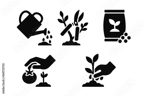 Garden Tasks Icon Set. Solid Filled Vector Icons of Gardening Maintenance Actions Including Watering, Trimming, Fertilizing, Planting, Harvesting, and Care on Transparent Background