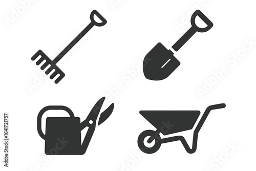 Solid Garden Tool Icons Set with Rake, Shovel, Watering Can, Pruning Shears, Wheelbarrow - Filled Vector Illustration for Gardening Equipment and Outdoor Work