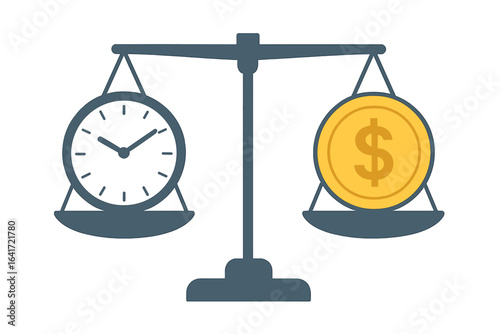 Time versus money balance concept, clock and gold coin on scales, metaphor weighing time and financial value, cost calculation, business decision, investment evaluation, vector illustration isolated