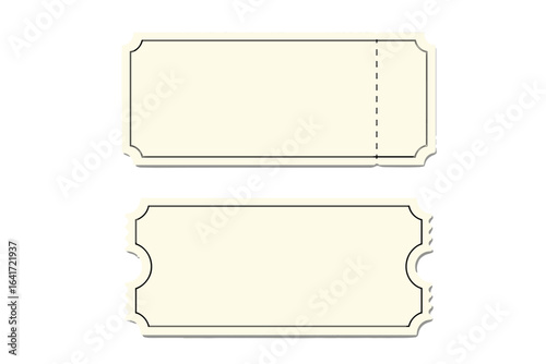 Blank vintage ticket template, empty coupon mockup, retro admission pass, raffle event voucher, printable blank tickets, vector illustration, classic ticket design, isolated on transparent background.