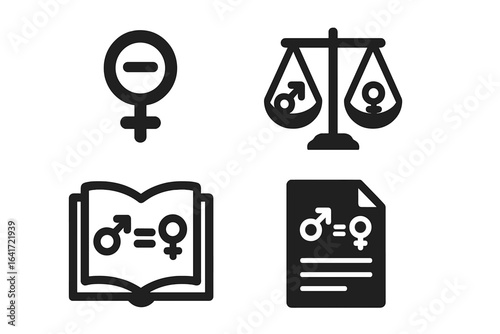Gender equality icon set. Solid vector symbols for gender balance, justice scales, male and female equality, legal rights, open book, document, social issues illustration. Diverse concepts.