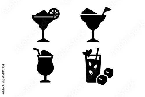 Frozen cocktail icons set, solid filled vector illustration of frozen margarita, daiquiri, frozen colada, blended mojito with ice cubes on transparent background, summer drinks collection