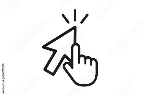 Cursor click pointer icon with hand gesture. Mouse cursor arrow and clicking finger. Web navigation symbol. Pixel pointer. User interface. Vector illustration for UX UI design. Simple outline graphic.