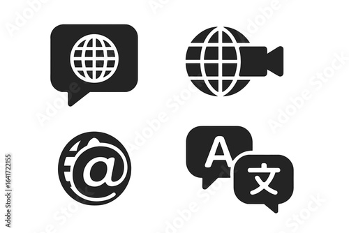 Global Communication Icons, Solid Filled Set of Messaging App, Video Call, Email Symbol, Language Translation, and International Connectivity Vector Illustration on Transparent Background