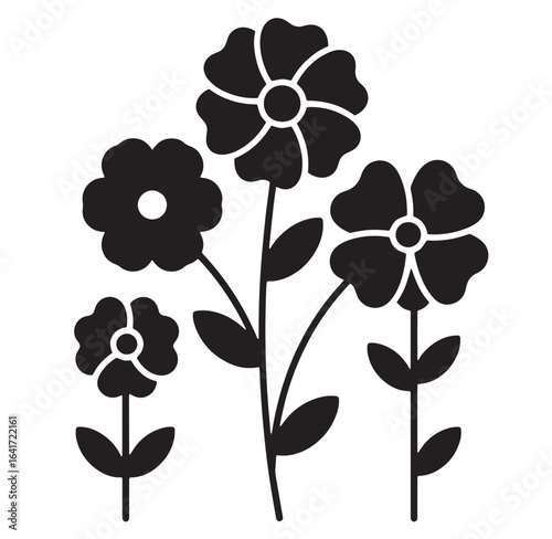 Black and white floral vector illustration featuring simplistic flowers and leaves on white background