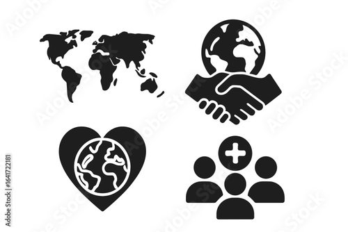 Global Education Technology Icons, Solid Filled Vector Set Featuring World Map, Online Learning Platform, E-Learning, Digital Course, Global Collaboration, Healthcare and Community Symbols