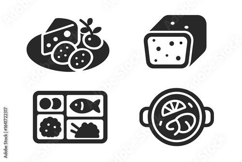 Global cuisine icons. Solid filled vector icon set of world food. Italian antipasto, French terrine, Japanese bento box, Spanish dish. Gastronomy menu elements.