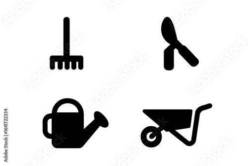 Solid Garden Tool Icons Set, Filled Vector Illustration of Gardening Equipment Including Rake, Shovel, Watering Can, Pruning Shears, and Wheelbarrow on Transparent Background