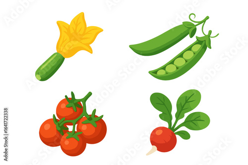 Isometric Flat Vector Icons of Cottage Garden Produce Including Zucchini Blossom, Green Pea Pods, Cherry Tomatoes, and Radish with Leaves on Transparent Background