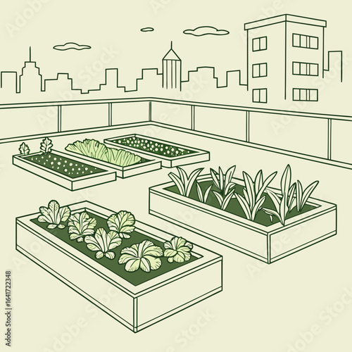 Urban Rooftop Oasis: A line drawing showcases a rooftop garden, complete with rectangular planters brimming with an assortment of fresh, green vegetables, set against a serene city skyline.