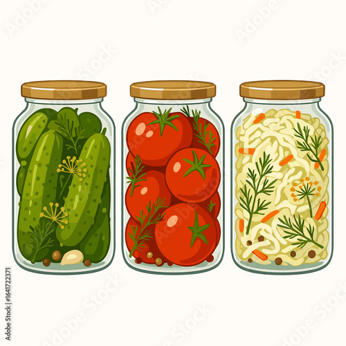 Colorful jars of pickled vegetables, rustic preservation theme, healthy food concept, vibrant illustration