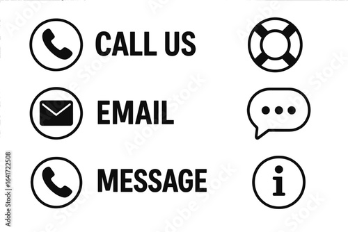 Communication icons set including phone call, email, message, help, chat, and information symbols in vector style on transparent background
