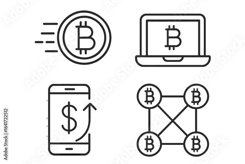 Cryptocurrency vector icons set in modern linear style. Bitcoin money transfer, blockchain network, digital currency transaction, mobile payment and exchange technology concept illustration.