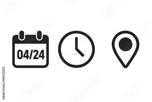 Calendar date icon, clock time symbol, GPS location pointer. Modern black vector set of event appointment, schedule, meetup, deadline, address map marker, interface UI icons isolated on white.